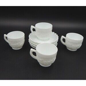 Imperial Milk Glass Grape Leaf Pattern Teacup & Saucer Set of 4